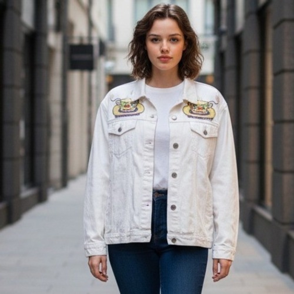 Cedars Womens L 198O's Vintage White Denim Jean Jacket STAINS Needs Cleaning - Picture 2 of 14